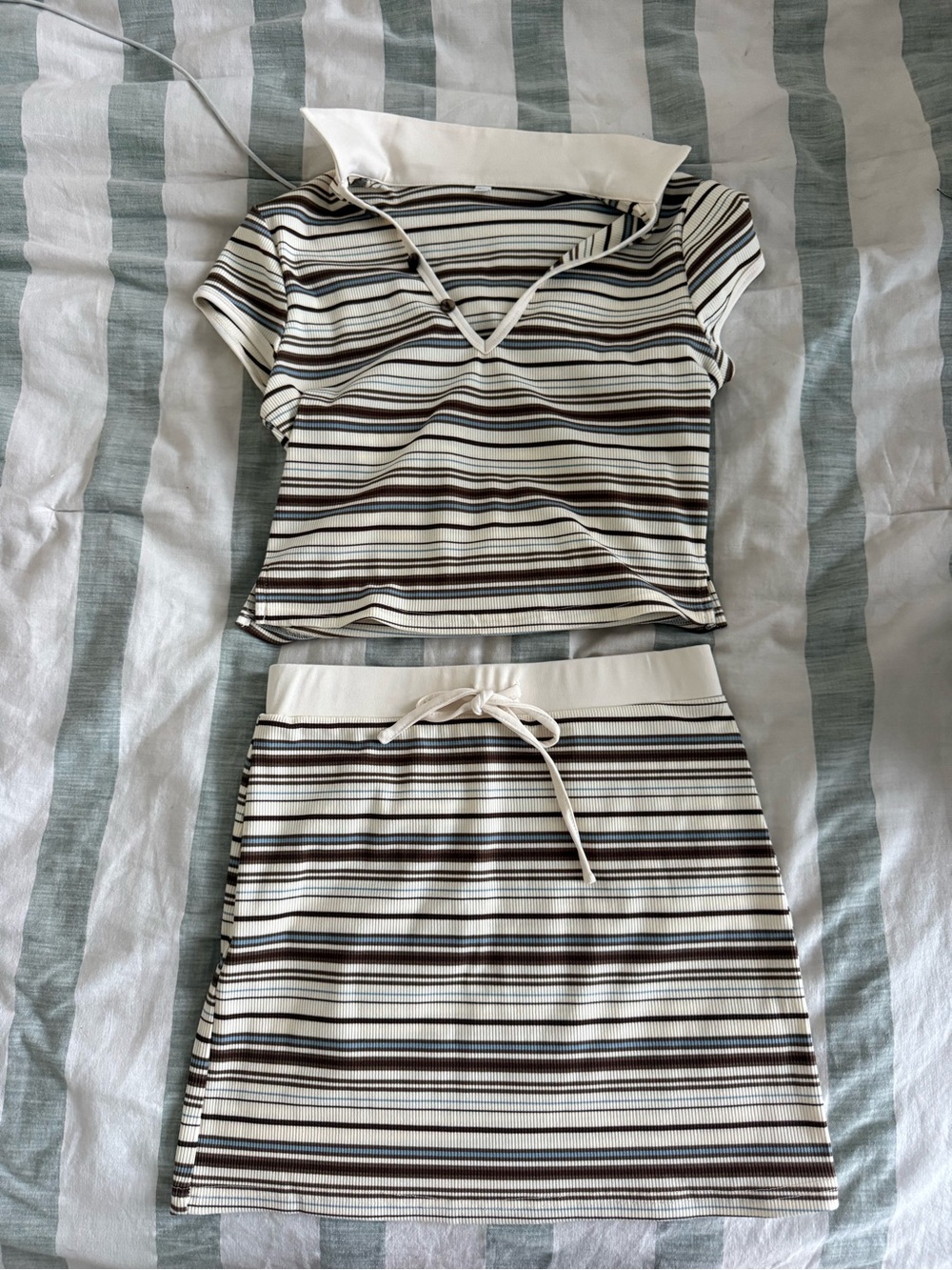 Striped Cream and Brown Two-Piece Dress Set
